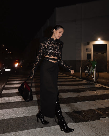 Long Sleeve Lace Midi Two Piece Dress Black HV0052