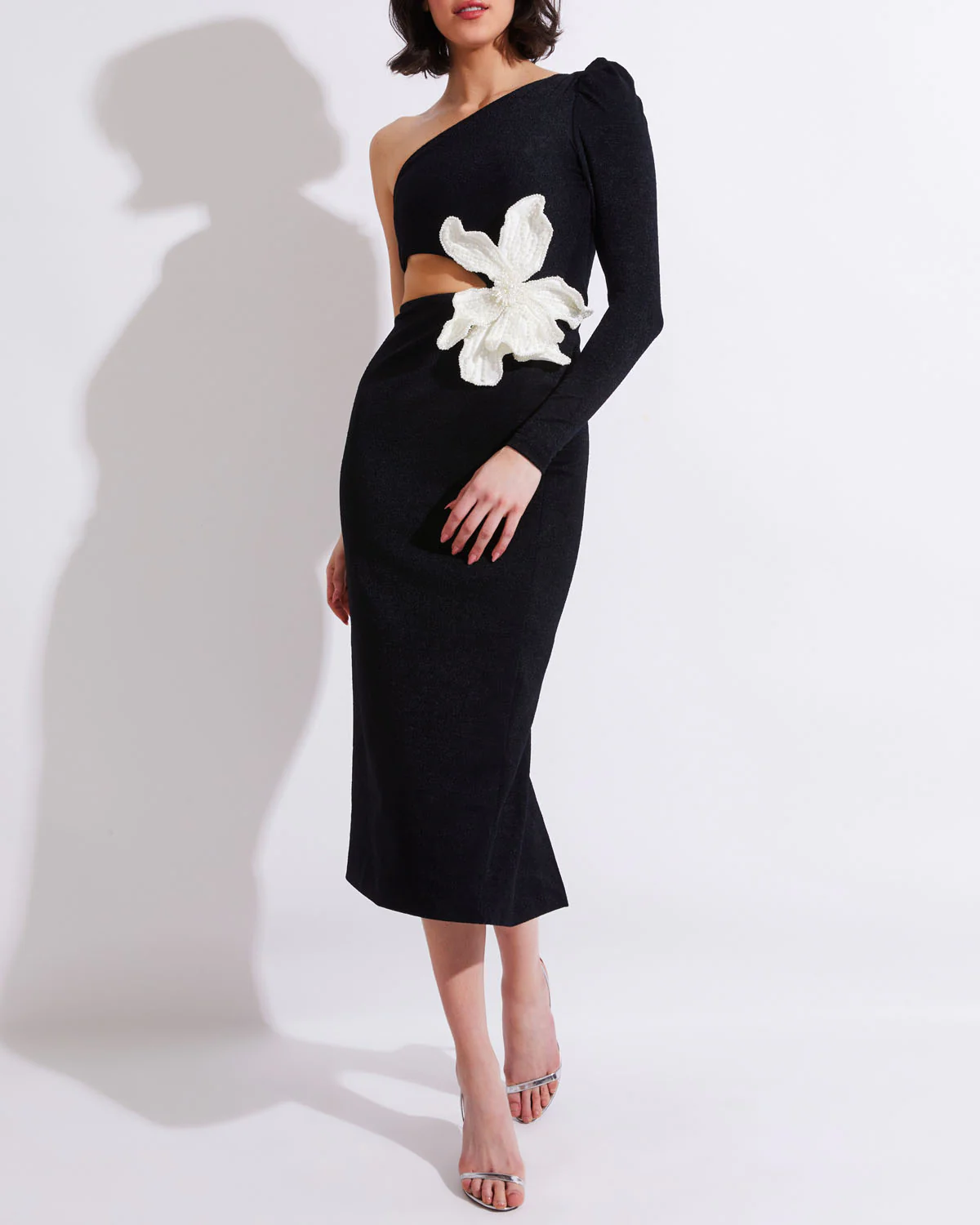 One Sleeve Pearl Flower Midi Dress Black HV9932