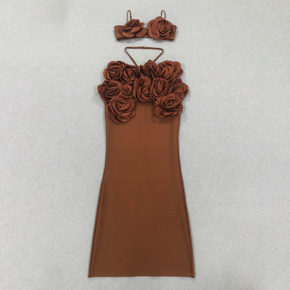 Floral Detail Two Piece Maxi Dress Brown HV1666