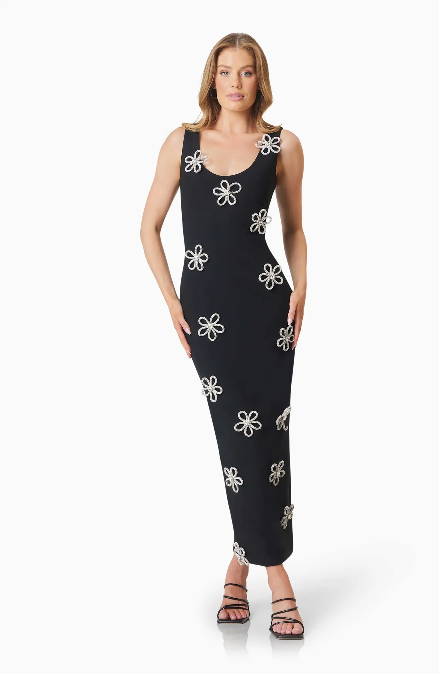 Crystal Floral Detail Maxi Dress Black HV2519