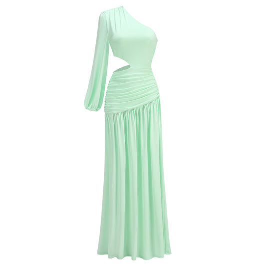 One Sleeve Ruched Maxi Dress Green HV1491