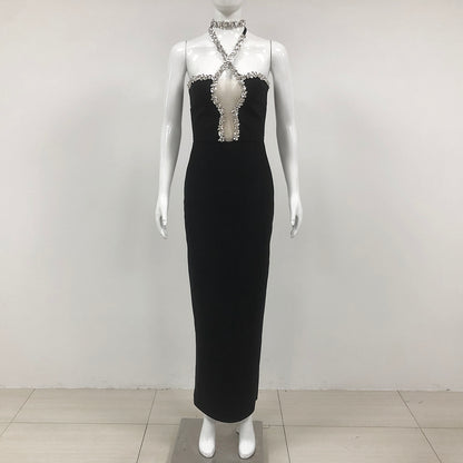 Halter Crystal Maxi Dress Black HV1560