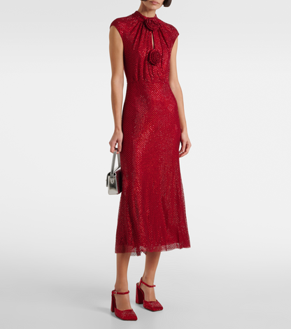 Floral Detail Sparkly Midi Dress Red HV2213