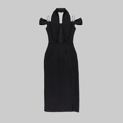 Plunge V Neck Off Shoulder Midi Dress Black HV9539