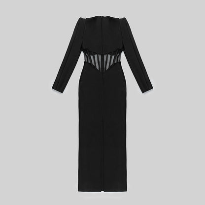 Long Sleeve Mesh Insert Maxi Dress Black HV9191