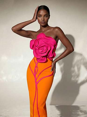 Strapless Floral Detail Maxi Dress Hot Pink Orange HV3045