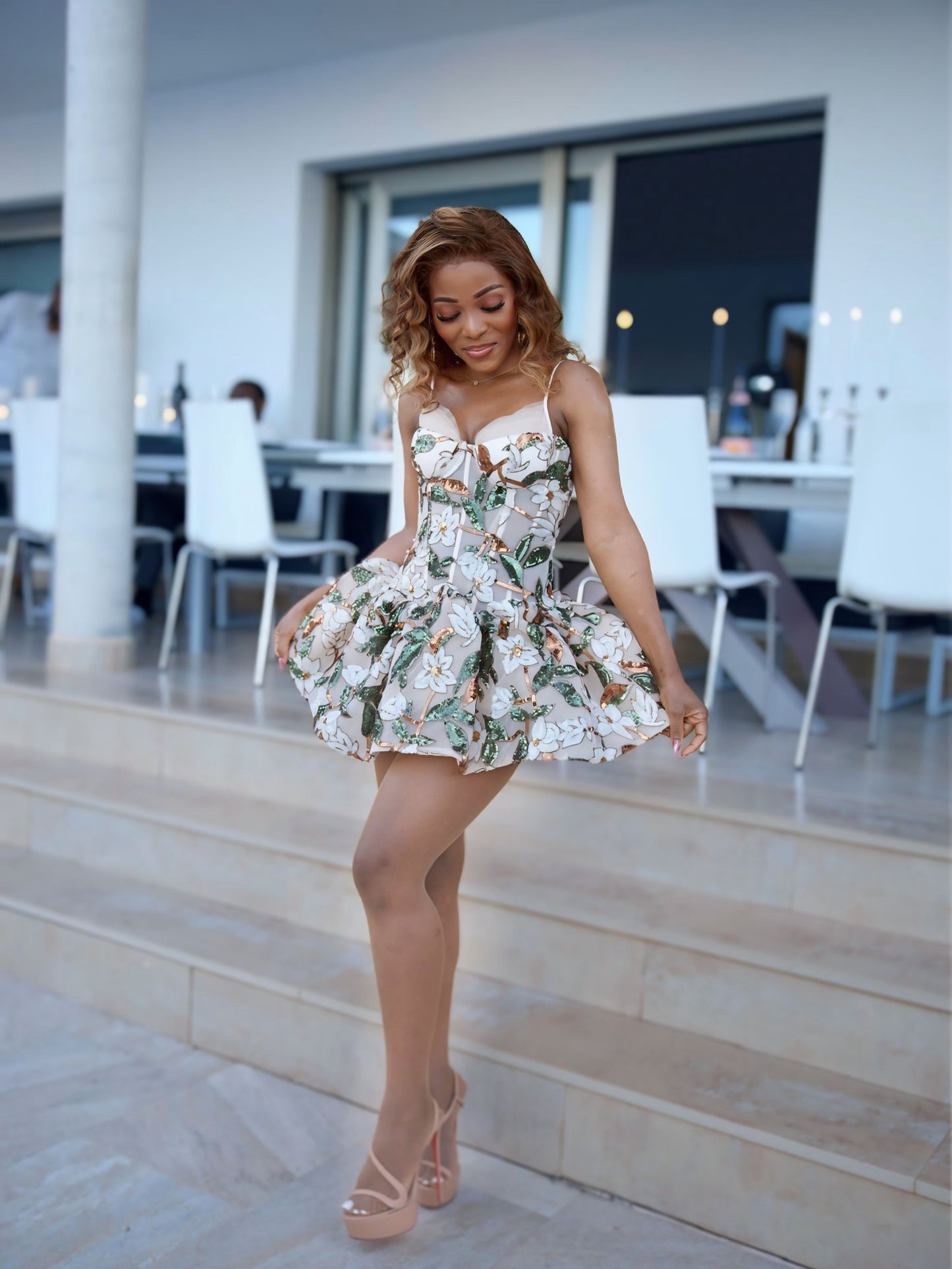 Floral Sequin Bubble Dress Brown Green HV3080
