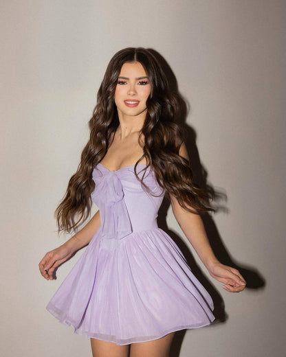 Draped Bardot Bow A Line Dress Lavender HV2635