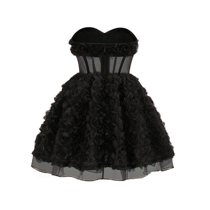 Strapless 3D Floral A Line Dress Black HV2156