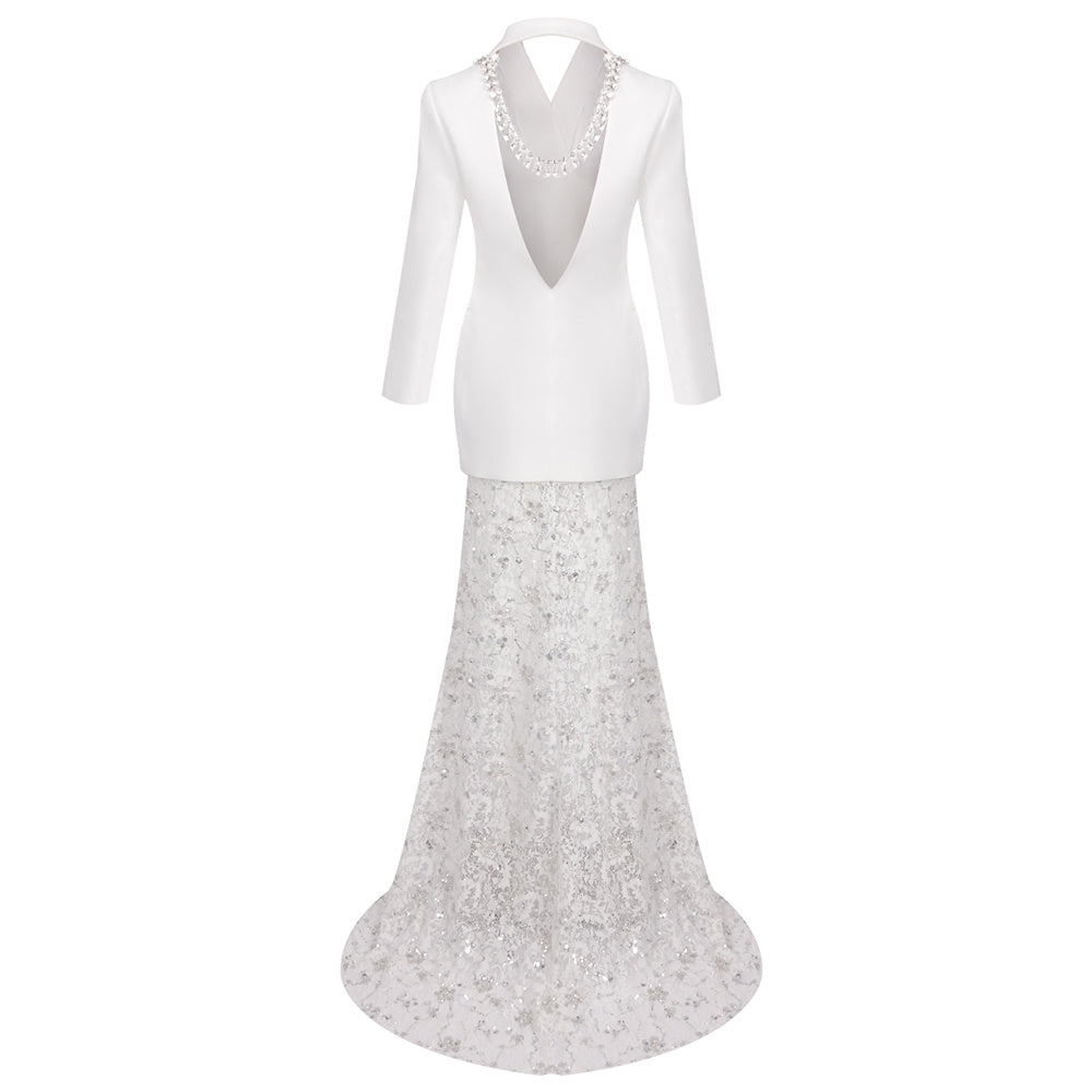 Long Sleeve Blazer Lace Maxi Two Piece Dress White HV2208