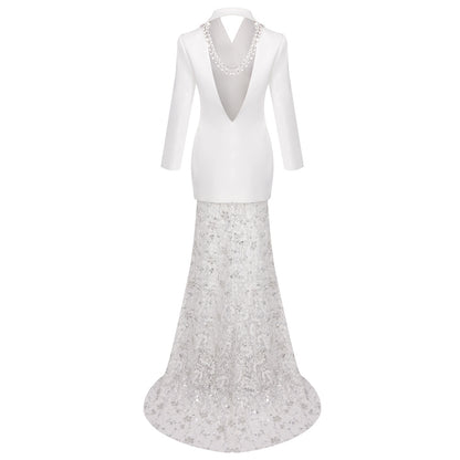 Long Sleeve Blazer Lace Maxi Two Piece Dress White HV2208