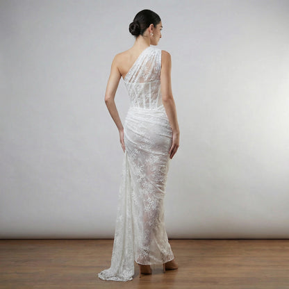 One Shoulder Draped Lace HV2677