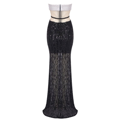 Strapless Pearl Sequin Maxi Dress Black White HV1350