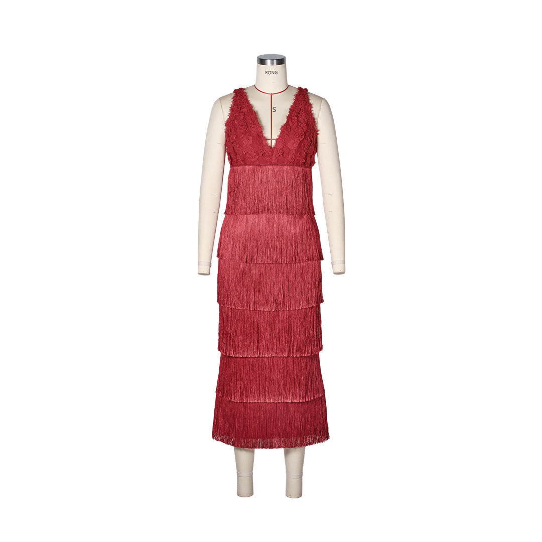 Lace Bustier Tassel Midi Dress Red HV2795