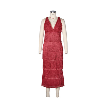 Lace Bustier Tassel Midi Dress Red HV2795