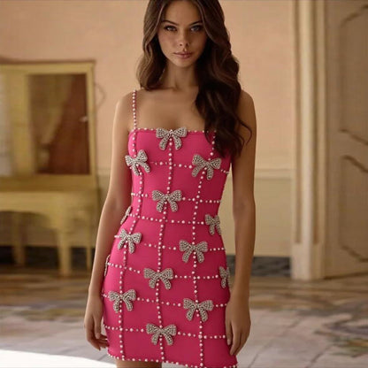 Crystal Pearl Embellished Dress Hot Pink HV2784