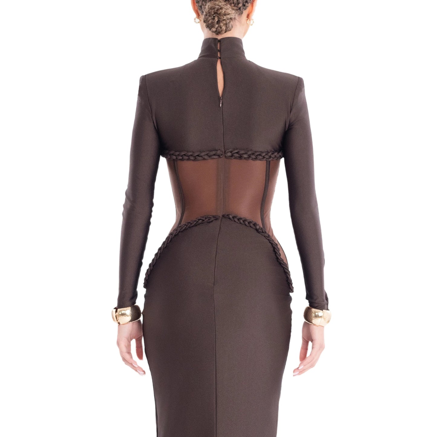 Long Sleeve Structured Mesh Maxi Dress Brown HV2648
