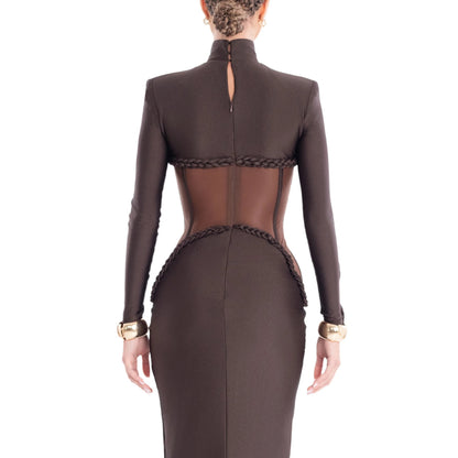 Long Sleeve Structured Mesh Maxi Dress Brown HV2648