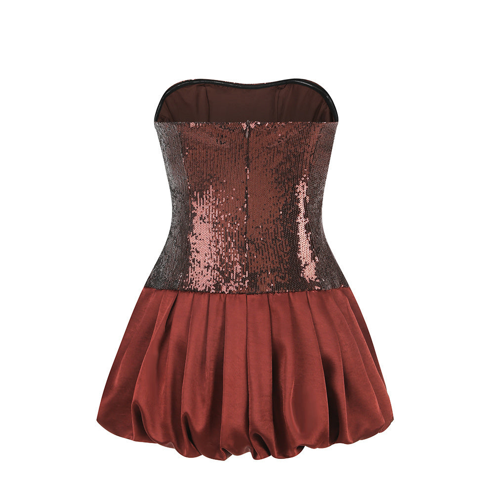 Strapless Sequin Puff Dress Brown HV2525