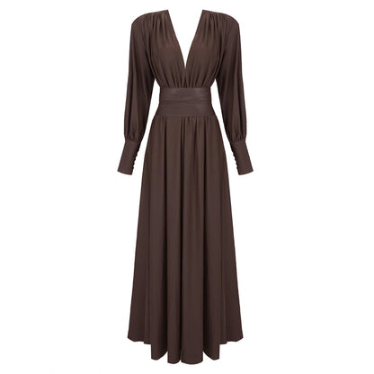 Long Sleeve Plunge V Neck Maxi Dress Brown HV1080