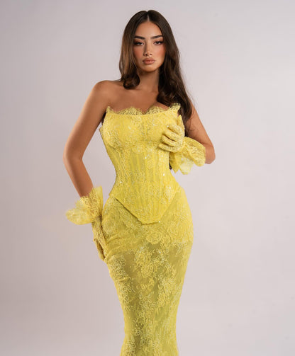 Strapless Embellished Lace Maxi Dress Yellow HV2817