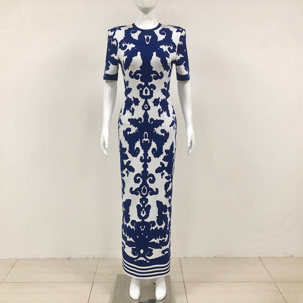 Short Sleeve Printed Maxi Dress Blue White HV1737