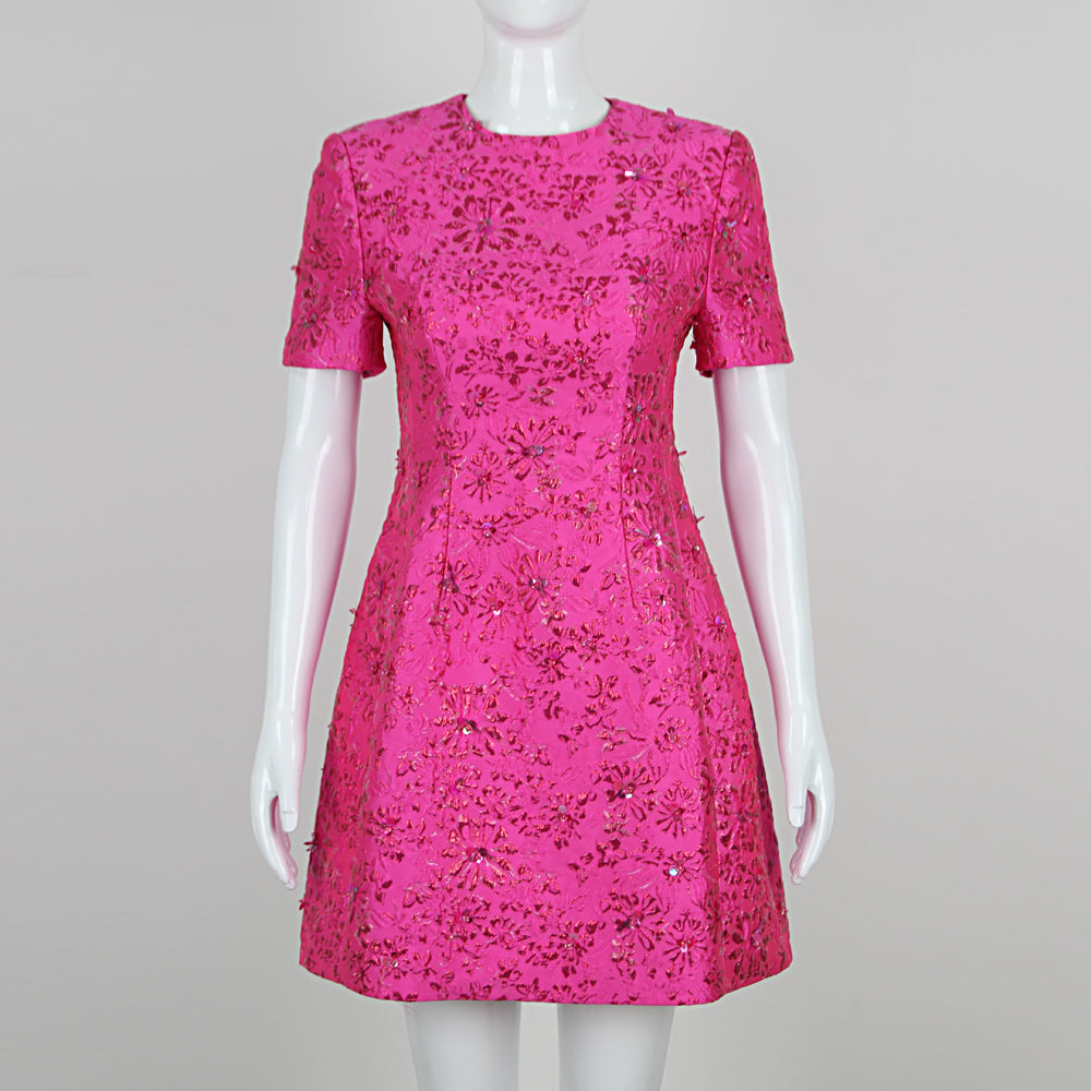 Short Sleeve Floral Sequin Dress Hot Pink HV1309