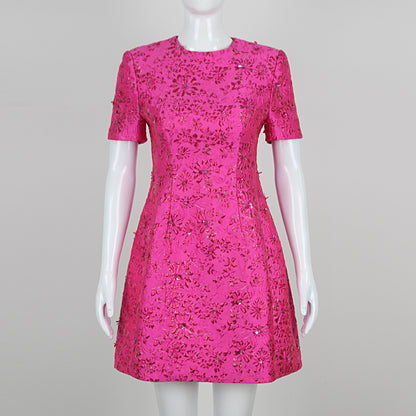 Short Sleeve Floral Sequin Dress Hot Pink HV1309