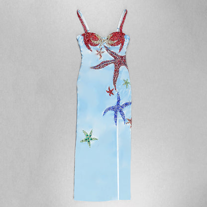 Crystal Bustier Starfish Detail Maxi Dress Blue HV7767