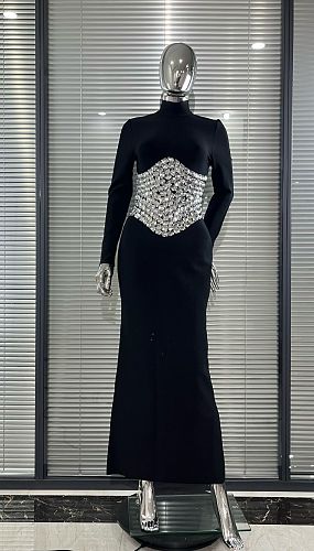 Long Sleeve Crystal Waist Maxi Dress Black HV3046