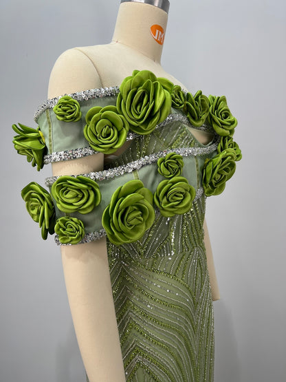 Floral Bardot Sequin Maxi Dress Green HV2400