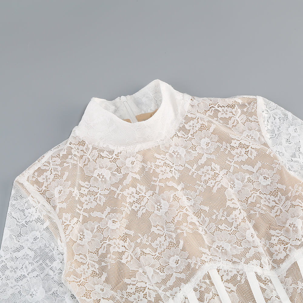 Long Sleeve Structured Lace Dress White