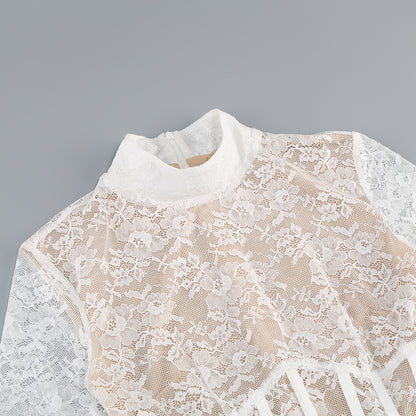 Long Sleeve Structured Lace Dress White