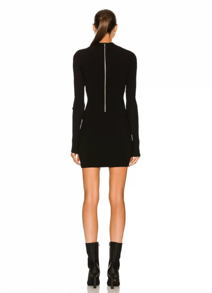 Long Sleeve Mesh Insert Ribbed Dress Black