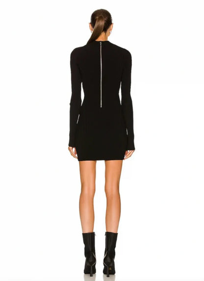 Long Sleeve Mesh Insert Ribbed Dress Black