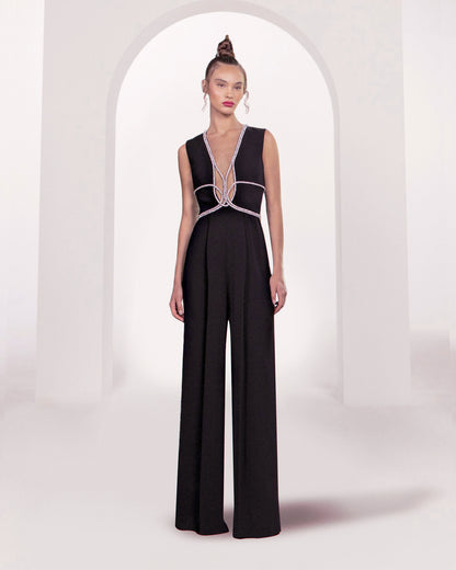 Crystal Trim Jumpsuit Black HV1040