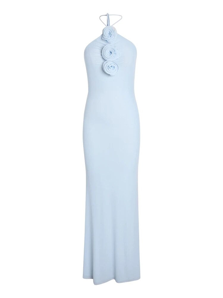 Halter Flower Detail Maxi Dress Light Blue