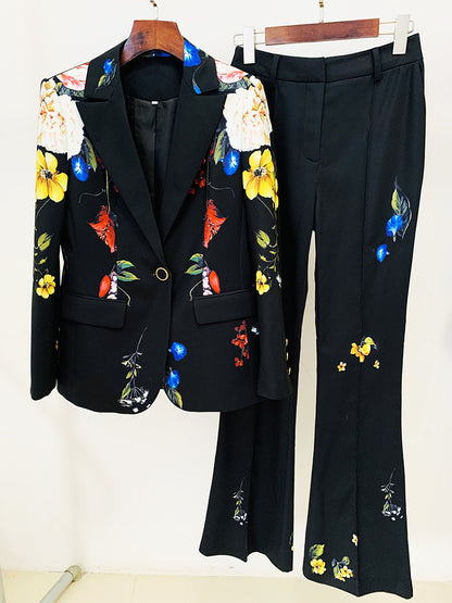 Long Sleeve Floral Design Suit Black