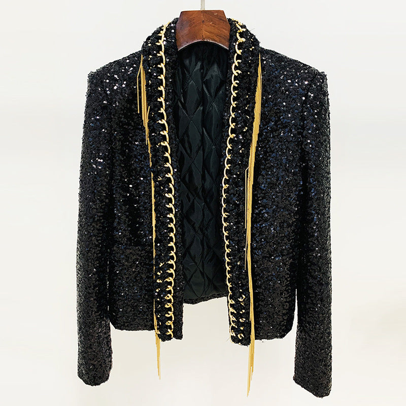 Long Sleeve Sequin Chain Tassel Jacket Black