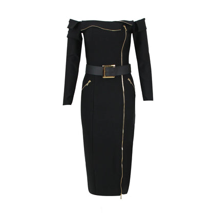 Long Sleeve Off Shoulder Belt Midi Dress Black HV9903