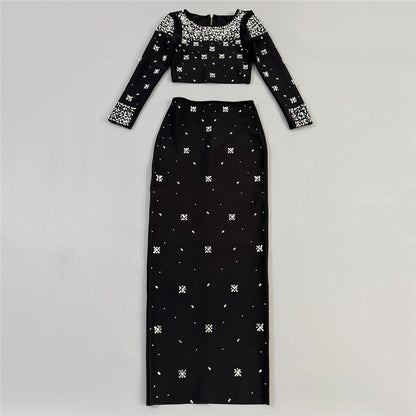 Long Sleeve Crystal Embellished Two Piece Maxi Dress HV3098
