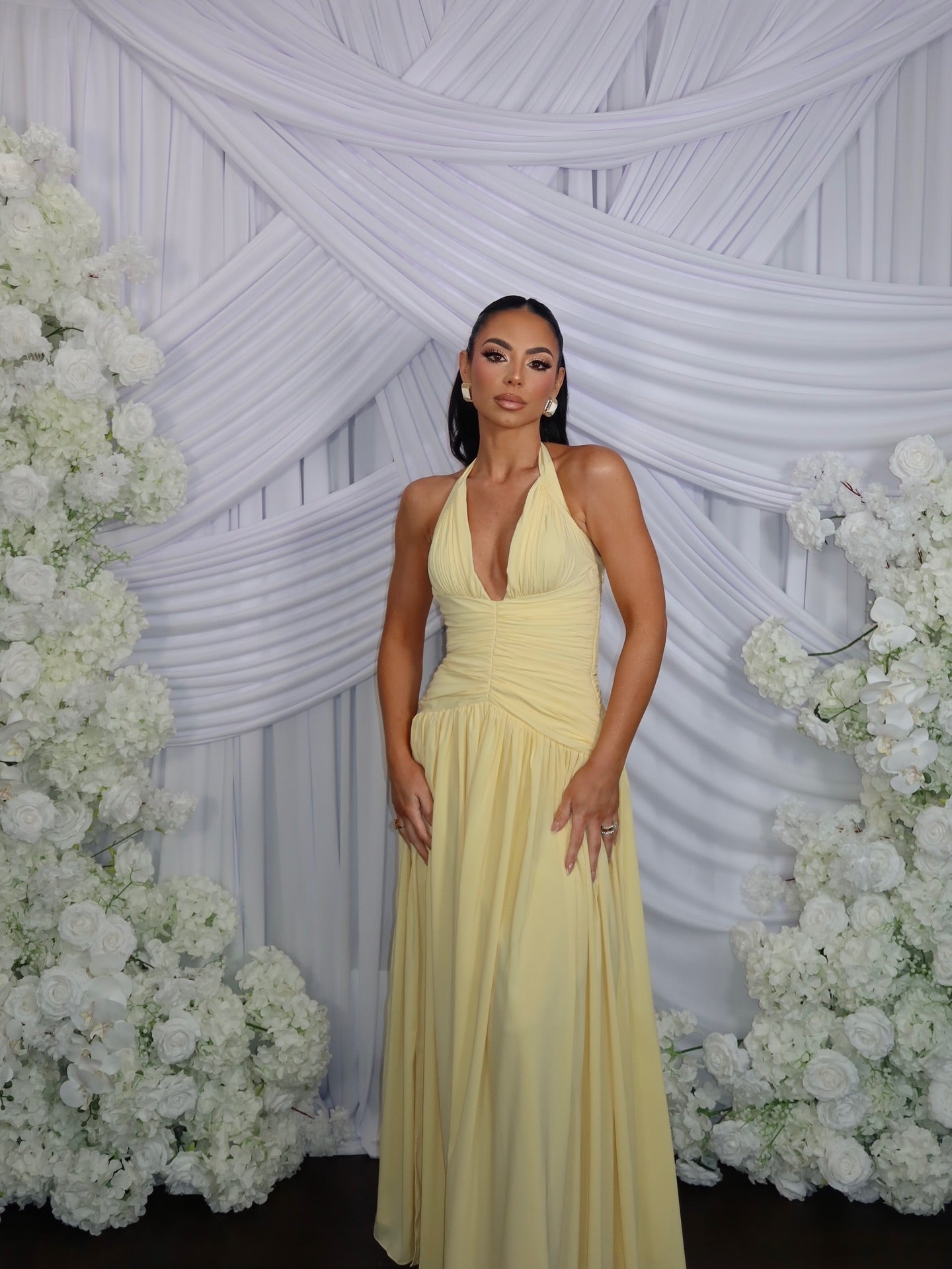 Halter Corset A Line Maxi Dress Yellow HV2960