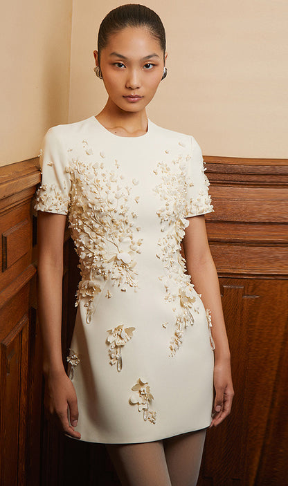 Short Sleeve Floral Dress Ivory HV2893