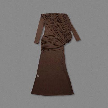 Long Sleeve Draped Bardot Maxi Dress Brown HV0066