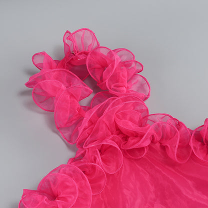 Halter Ruffle A Line Dress Hot Pink HV1344