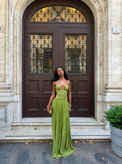 Halter Pleated Corset Maxi Dress Green HV0095