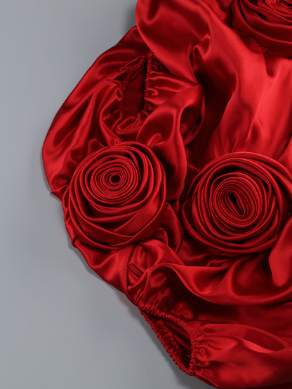 Strapless Floral Puff Detail Corset Maxi Dress Red