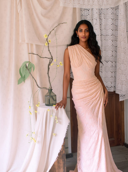 One Shoulder Draped Lace Maxi Dress Light Nude HV2677