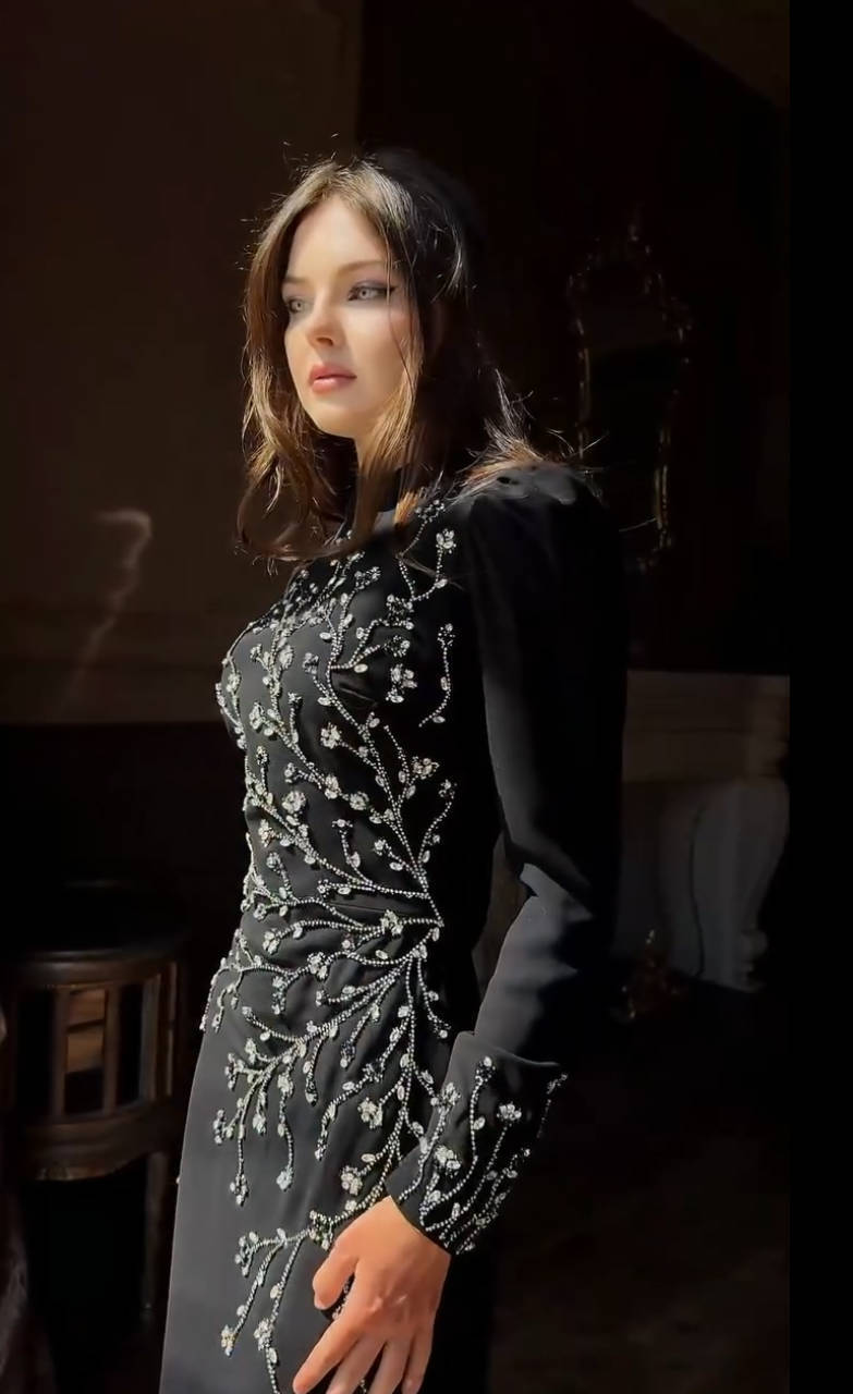 Long Sleeve Crystal Branch Detail Maxi Dress Black HV2647