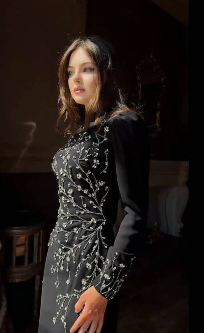 Long Sleeve Crystal Branch Detail Maxi Dress Black HV2647